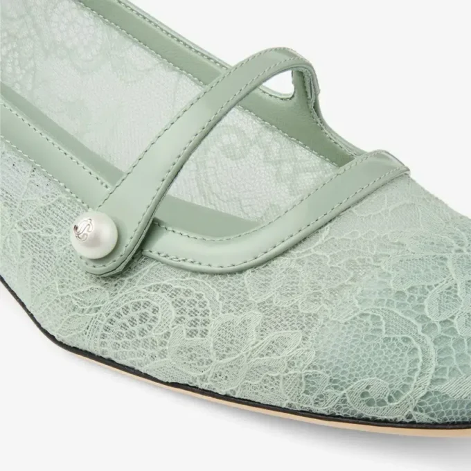 Elisa Ballerina Verde Jimmy Choo Lace and Spazzolato Ballerina Pumps