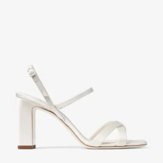 Elsy Block Heel 85 Ivory Satin Sandals with Crystal-Embellished Buckle