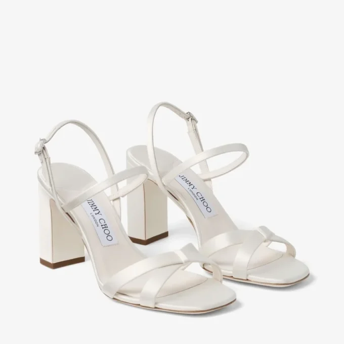 Elsy Block Heel 85 Ivory Satin Sandals with Crystal-Embellished Buckle