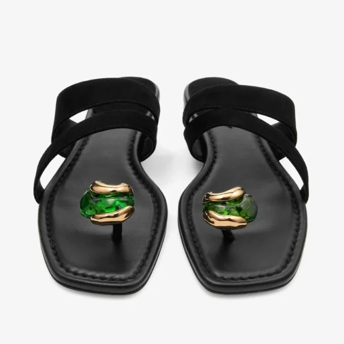 Emeri Stone Flat Black and Clover Suede Flat Sandals