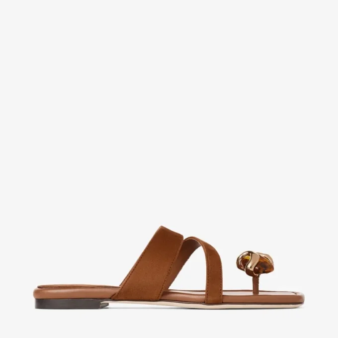 Emeri Stone Flat Tan and Amber Suede Flat Sandals