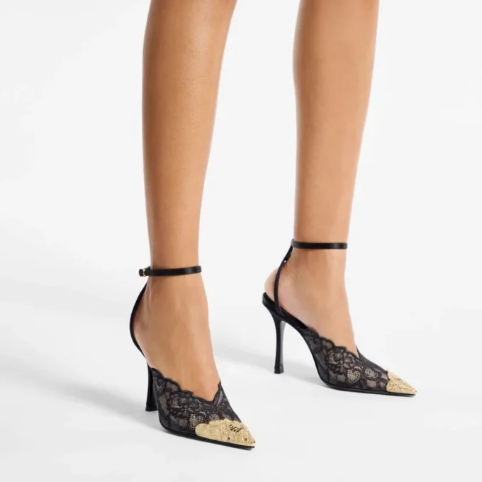 Faiz 100 Black Jimmy Choo Lace Pumps with Metal Lace Detail