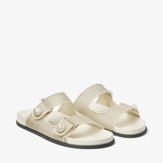 Fayence Sandal Champagne Metallic Patent Leather Sandals with Pearls