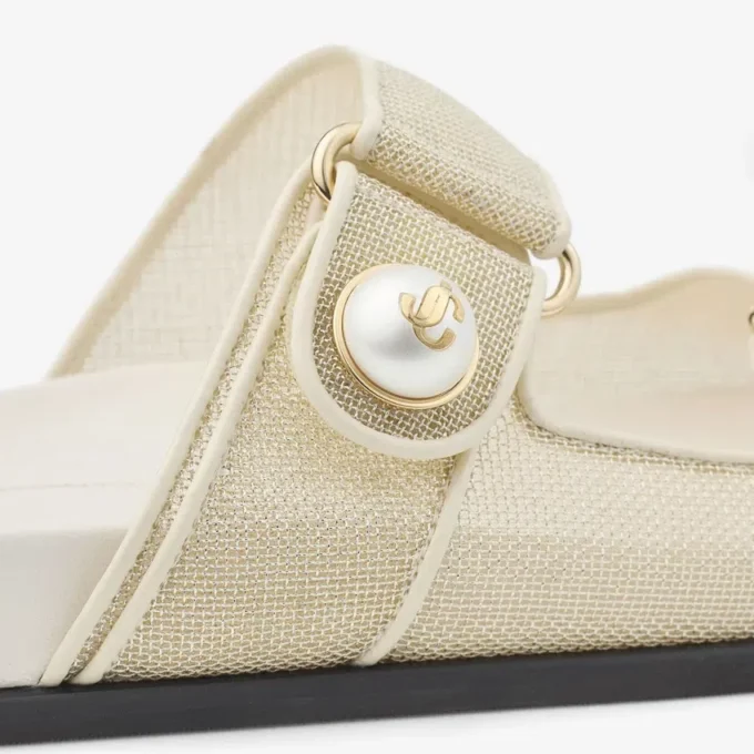 Fayence Sandal Champagne Metallic Patent Leather Sandals with Pearls