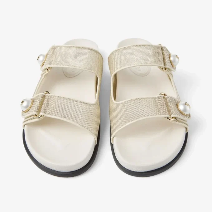 Fayence Sandal Champagne Metallic Patent Leather Sandals with Pearls