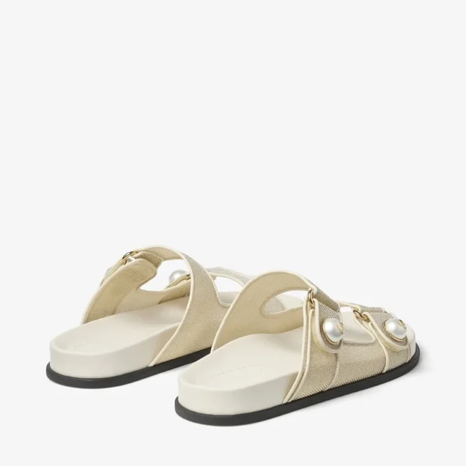 Fayence Sandal Champagne Metallic Patent Leather Sandals with Pearls