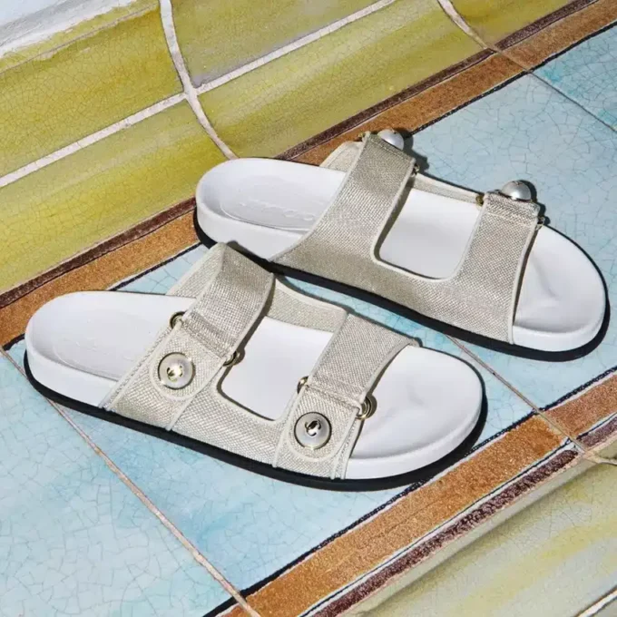 Fayence Sandal Champagne Metallic Patent Leather Sandals with Pearls