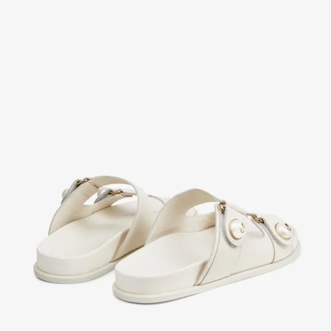 Fayence Sandal Latte Leather Flat Sandals with Pearl Embellishment