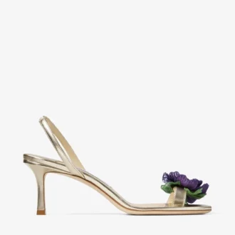 Flower Metallic Nappa Leather Sandal with Flower Corsage