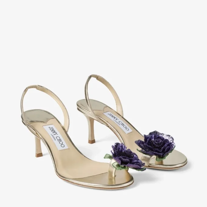 Flower Metallic Nappa Leather Sandal with Flower Corsage
