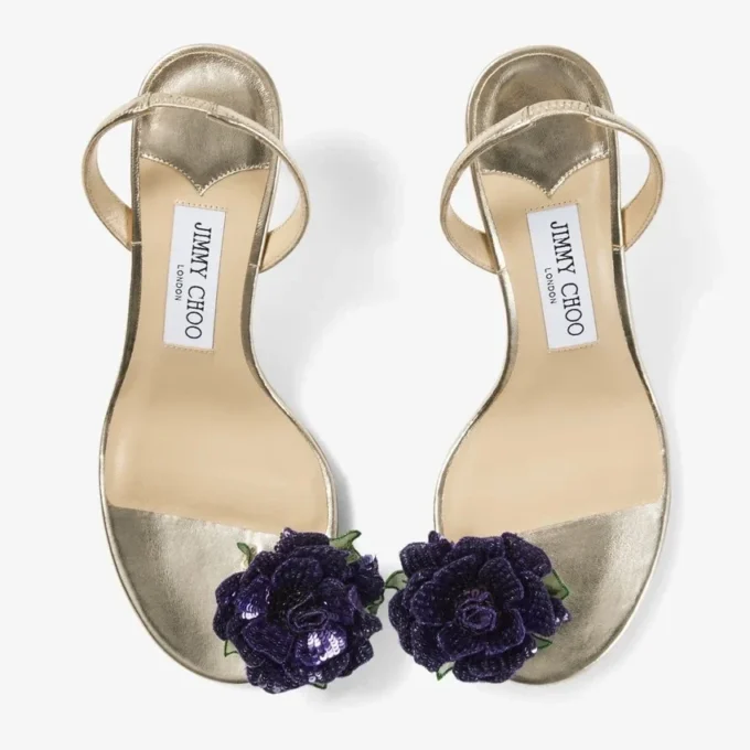 Flower Metallic Nappa Leather Sandal with Flower Corsage