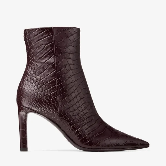 Frankie Ankle Boot  85 Deep Merlot Croc Embossed Leather Ankle Boot
