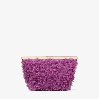 Ganache Violet Orchid Satin Clutch Bag with Petal Embroidery
