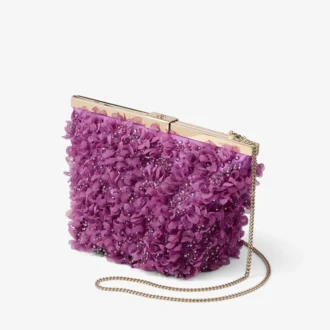 Ganache Violet Orchid Satin Clutch Bag with Petal Embroidery