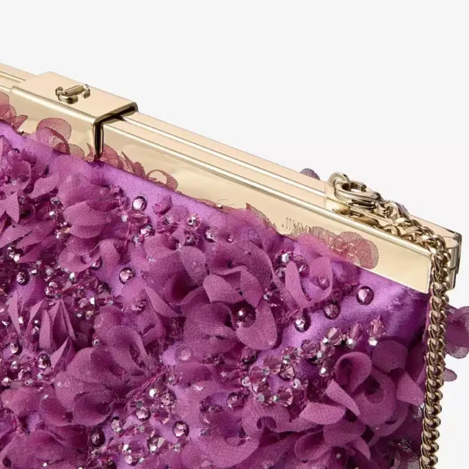 Ganache Violet Orchid Satin Clutch Bag with Petal Embroidery