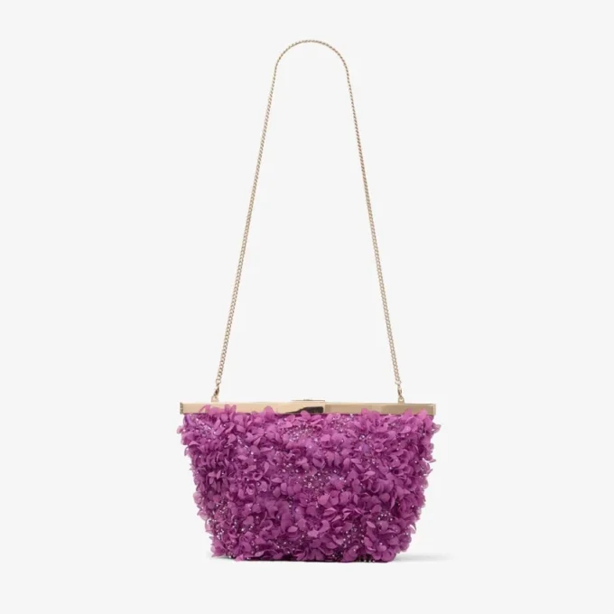 Ganache Violet Orchid Satin Clutch Bag with Petal Embroidery