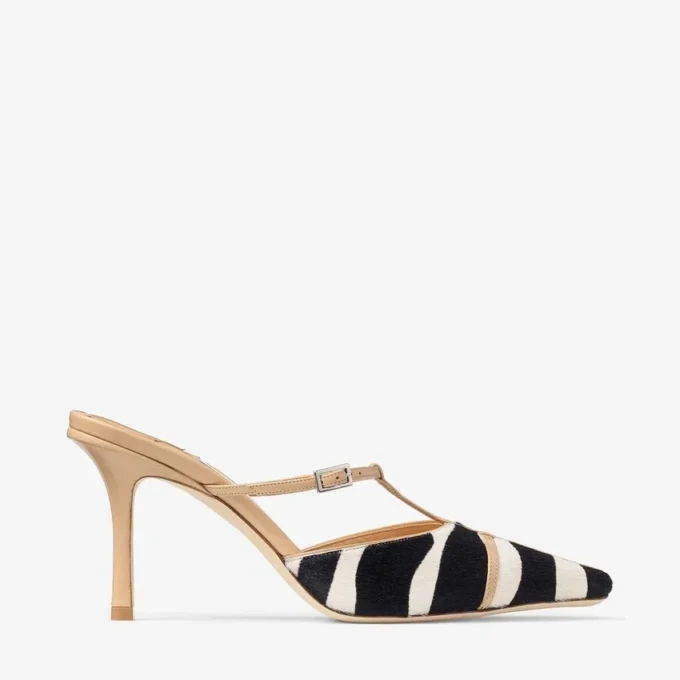 Gloria Mule 85 Natural Zebra Print Pony Leather Mules