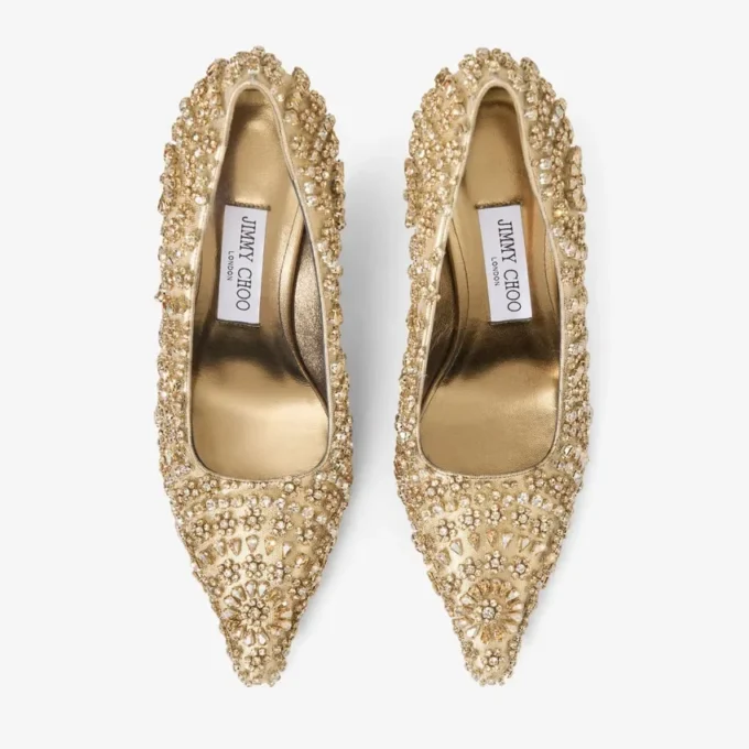 Ixia 80 Gold Mix Metallic Nappa Leather Pumps with Crystal Embroidery