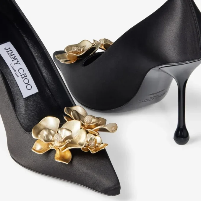 Ixia 95 Black Satin Pumps with Flowers