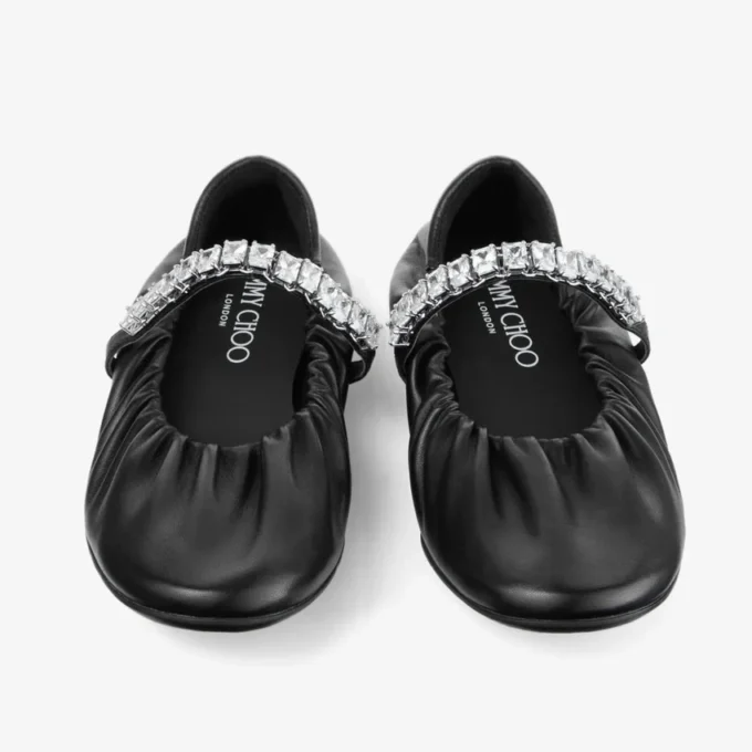 Jade Ballerina Black Soft Nappa Leather Ballerina Flats with Crystal Strap