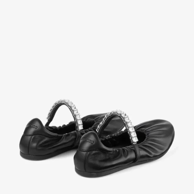Jade Ballerina Black Soft Nappa Leather Ballerina Flats with Crystal Strap
