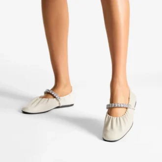 Jade Ballerina Latte Soft Nappa Leather Ballerina Flats with Crystal Strap