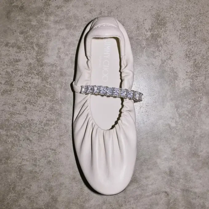Jade Ballerina Latte Soft Nappa Leather Ballerina Flats with Crystal Strap