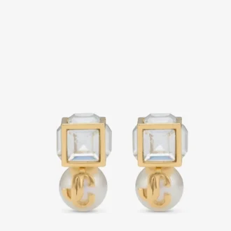 Jc Pearl Cube Studs Gold Metal Earrings with Pearl and Crystal Cube