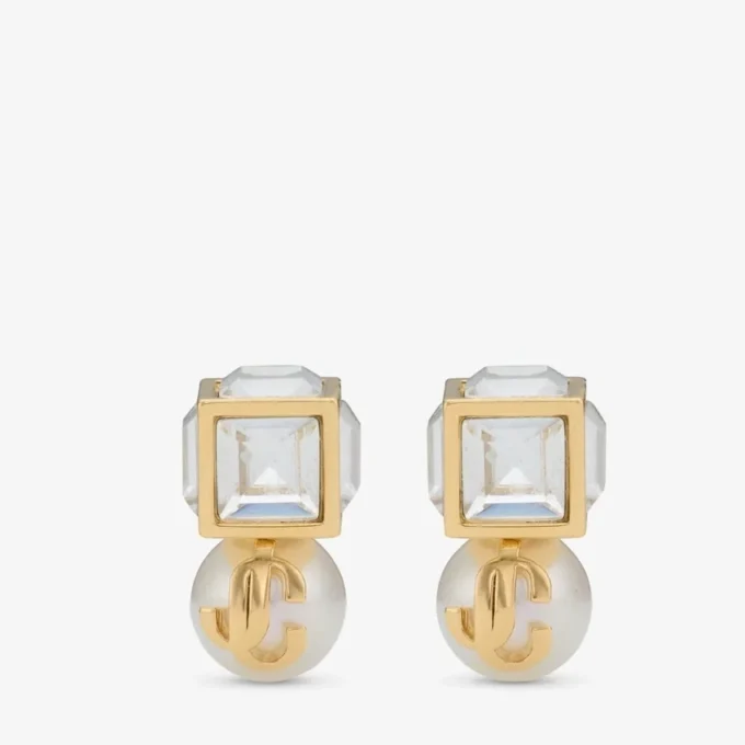 Jc Pearl Cube Studs Gold Metal Earrings with Pearl and Crystal Cube