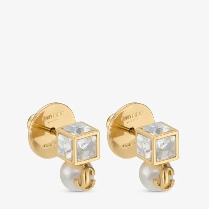 Jc Pearl Cube Studs Gold Metal Earrings with Pearl and Crystal Cube