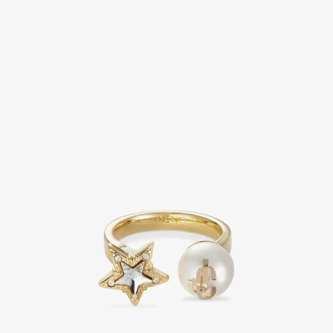 Jc Star Pearl Ring Gold-Finish Metal Ring with Crystal Star and Pearl