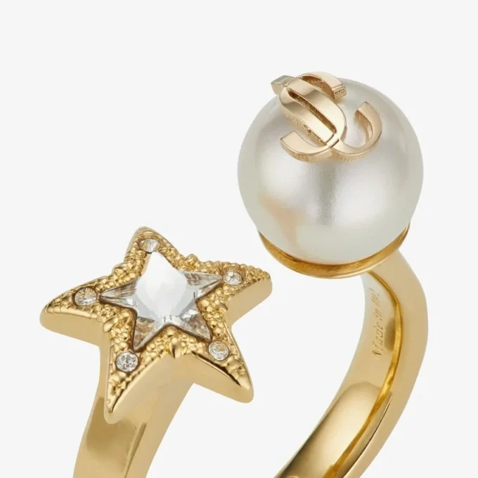 Jc Star Pearl Ring Gold-Finish Metal Ring with Crystal Star and Pearl