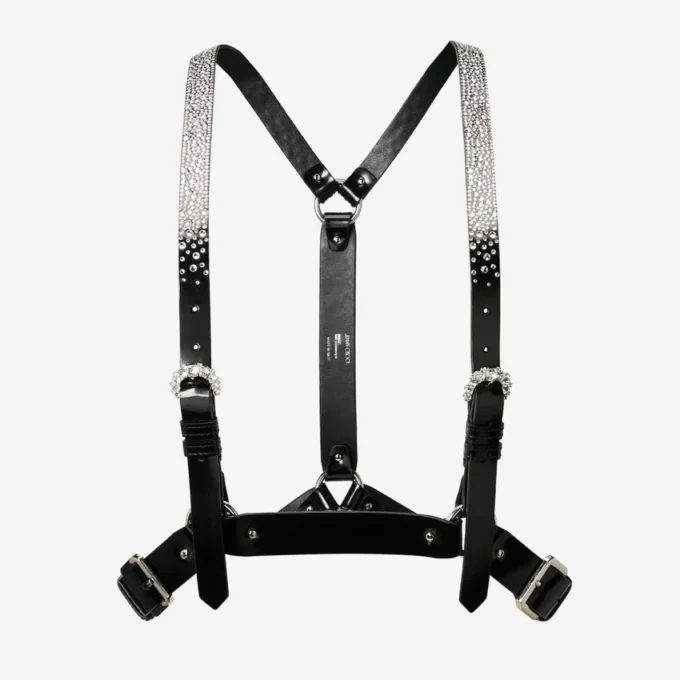 Jimmy Choo Noir Kei Ninomiya Crystals Harness Black Shiny Leather Harness with Crystal Hotfix Embellishment