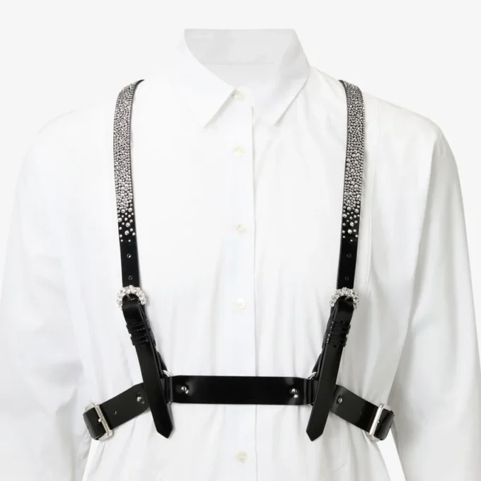 Jimmy Choo Noir Kei Ninomiya Crystals Harness Black Shiny Leather Harness with Crystal Hotfix Embellishment