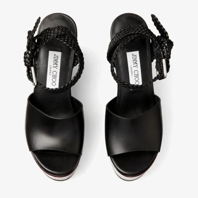 Jori 100 Black Shiny Calf Leather and Shiny Cork Wedges