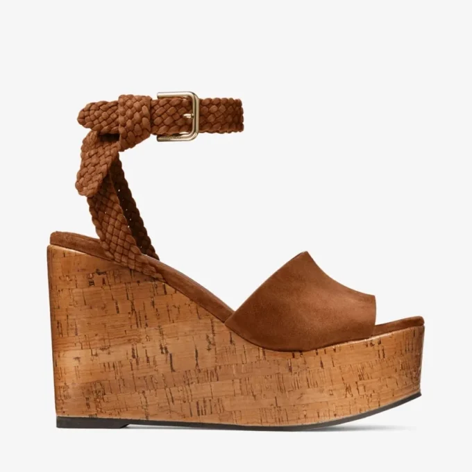 Jori 100 Tan Suede and Shiny Cork Wedges