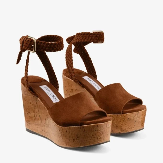 Jori 100 Tan Suede and Shiny Cork Wedges