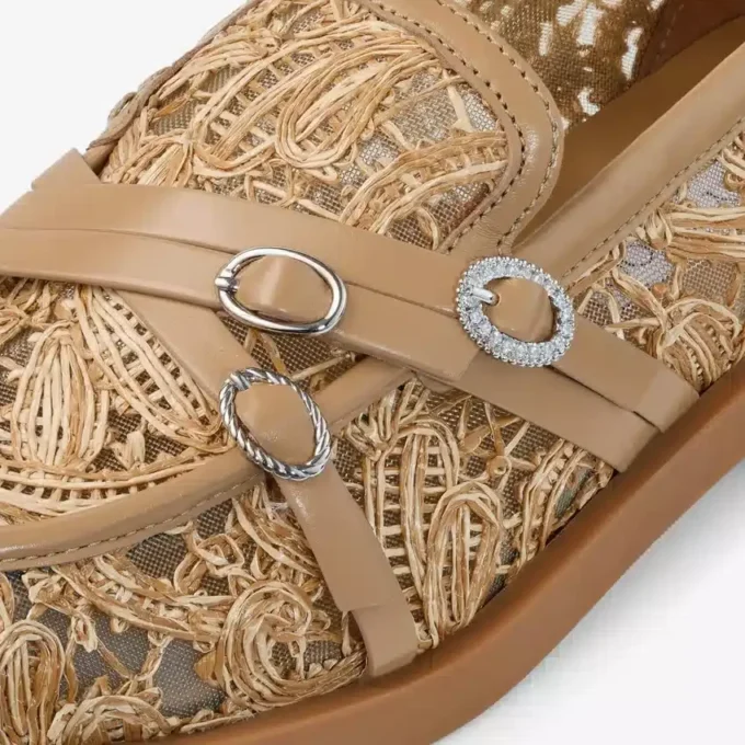 Kalia Loafer Natural Flower Woven Raffia and Calf Leather Loafers