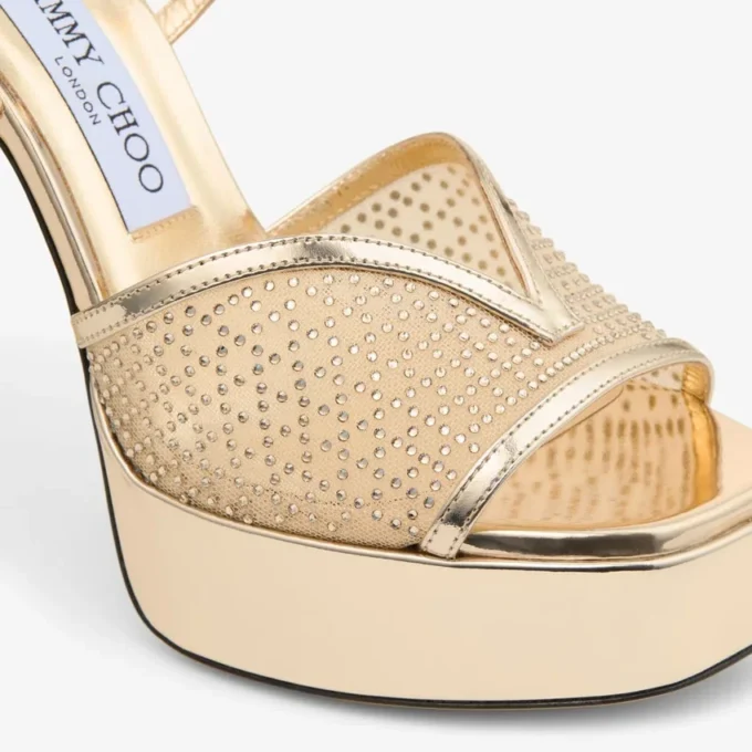 Karli Platform 125 Gold Illusion Crystal Mesh and Liquid Metal Leather Sandals
