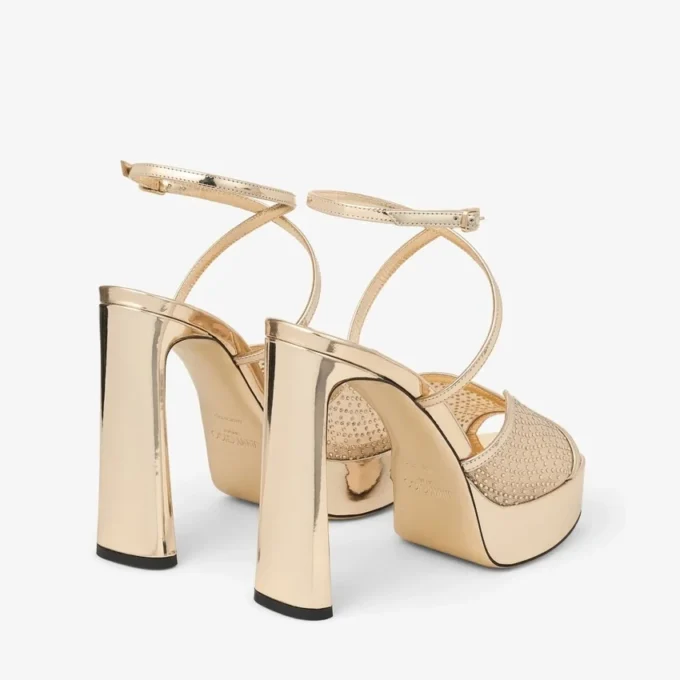 Karli Platform 125 Gold Illusion Crystal Mesh and Liquid Metal Leather Sandals