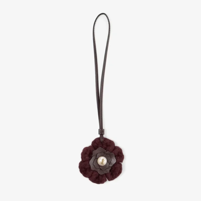 Knitted Flower Charm Deep Merlot Knitted Wool Flower Charm with Leather Trims