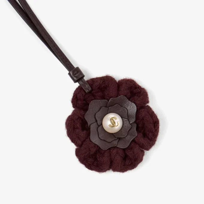 Knitted Flower Charm Deep Merlot Knitted Wool Flower Charm with Leather Trims