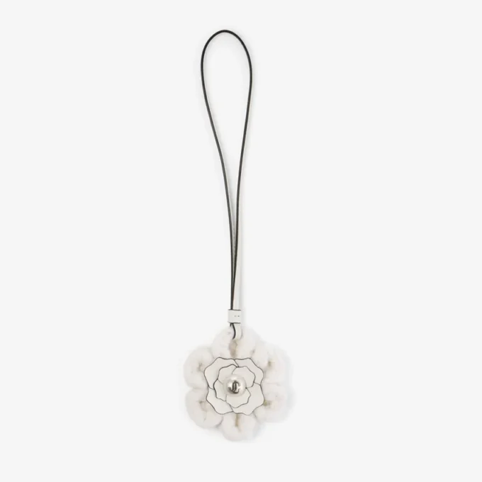 Knitted Flower Charm Latte Knitted Wool Flower Charm with Leather Trims