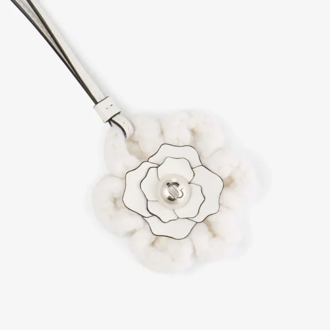 Knitted Flower Charm Latte Knitted Wool Flower Charm with Leather Trims