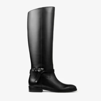 Lawton Knee Boot Flat Black Calf Leather and Soft Vachetta Knee High Boots