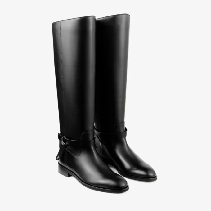 Lawton Knee Boot Flat Black Calf Leather and Soft Vachetta Knee High Boots