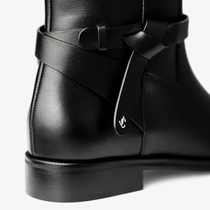 Lawton Knee Boot Flat Black Calf Leather and Soft Vachetta Knee High Boots