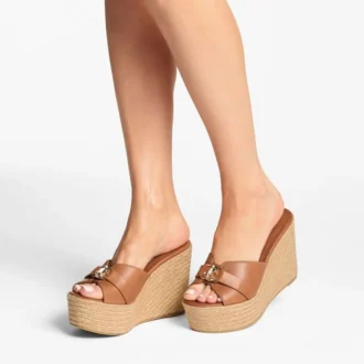Leda Wedge 100 Tan Nappa Leather Mule Wedge