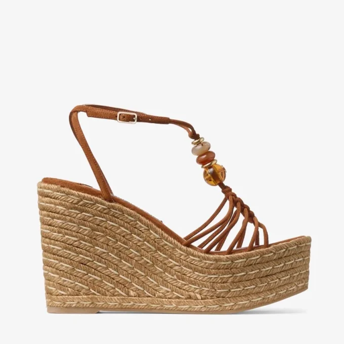 Lemi Wedge 100 Tan Mix Suede Wedges with Beads