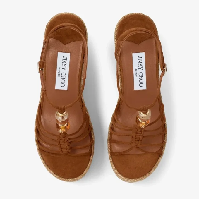 Lemi Wedge 100 Tan Mix Suede Wedges with Beads